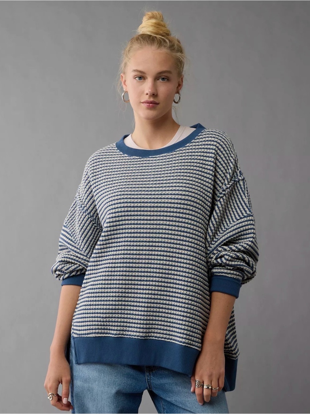 American Eagle Outfitters Navy & White Striped Waffle Crewneck Pullover, MEDUIM - Picture 5 of 16
